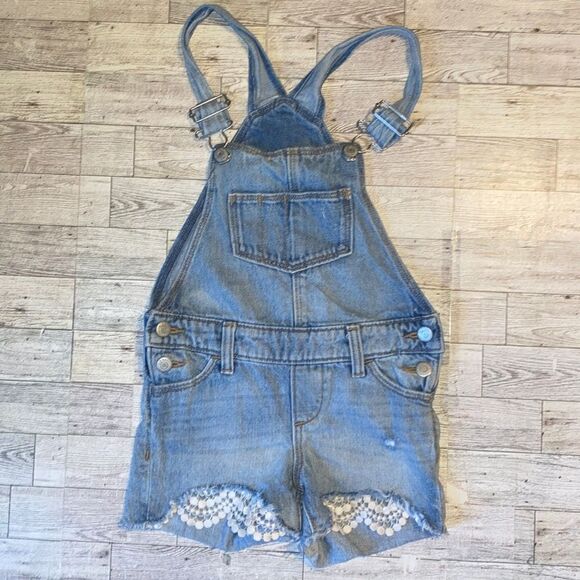Retro, ON, Light Wash, Lace Trim, Denim Overall Shorts - Picture 8 of 9